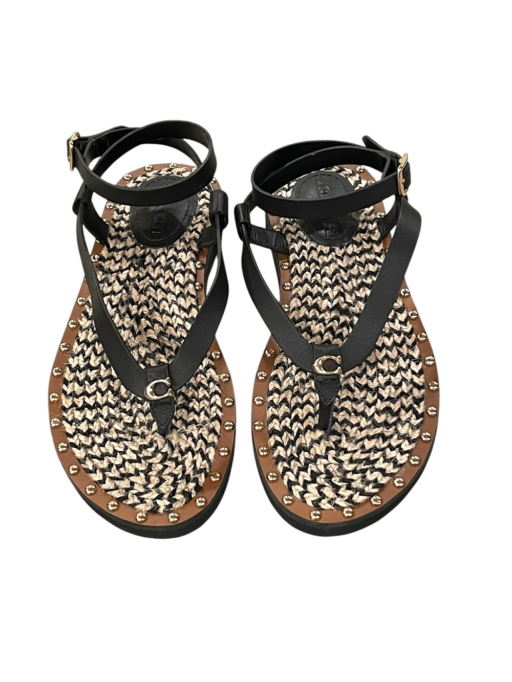 Coach Womens Size 7.5 Gracey Thong Sandals Leather Jute Footbed Black NWOT
